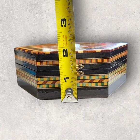 Vintage Taracea Marquetry Jewelry Box Spain Inlaid Wood Hexagon Gift Geometric - Picture 8 of 8